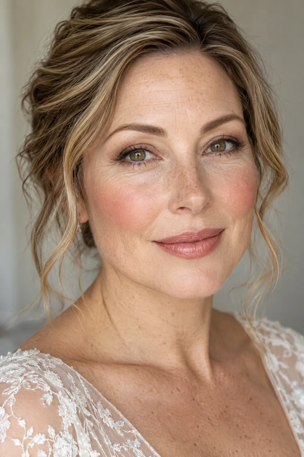 Fictional adult bride with fair freckled skin, hazel eyes, a softly defined taupe crease, brown outer lash liner, warm pink cheekbone blush, and a peachy rose lip.