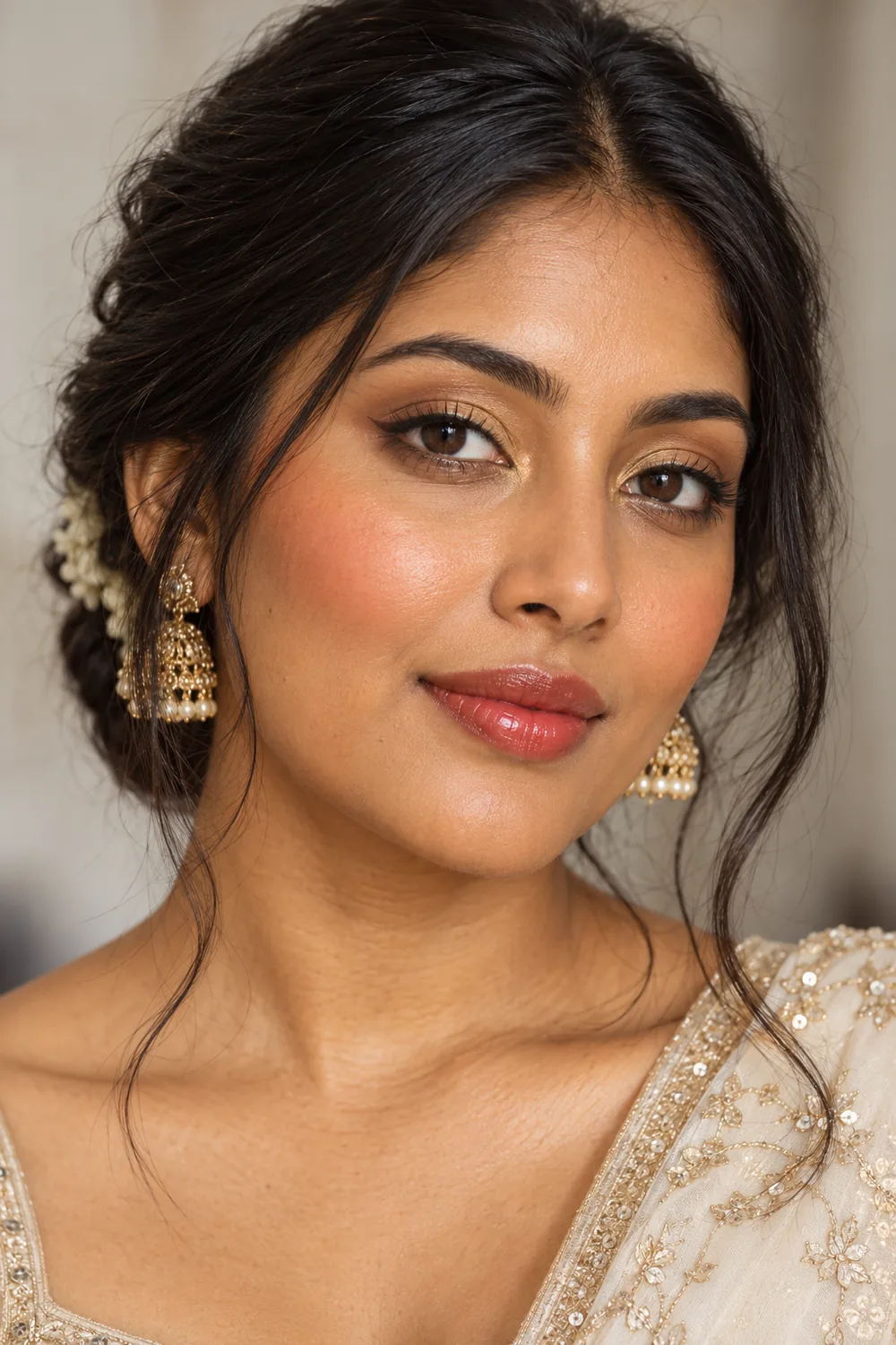 Fictional adult South Asian bride with golden inner-lid highlights, fine brown liner, high apricot blush, and glossy sheer red balm.