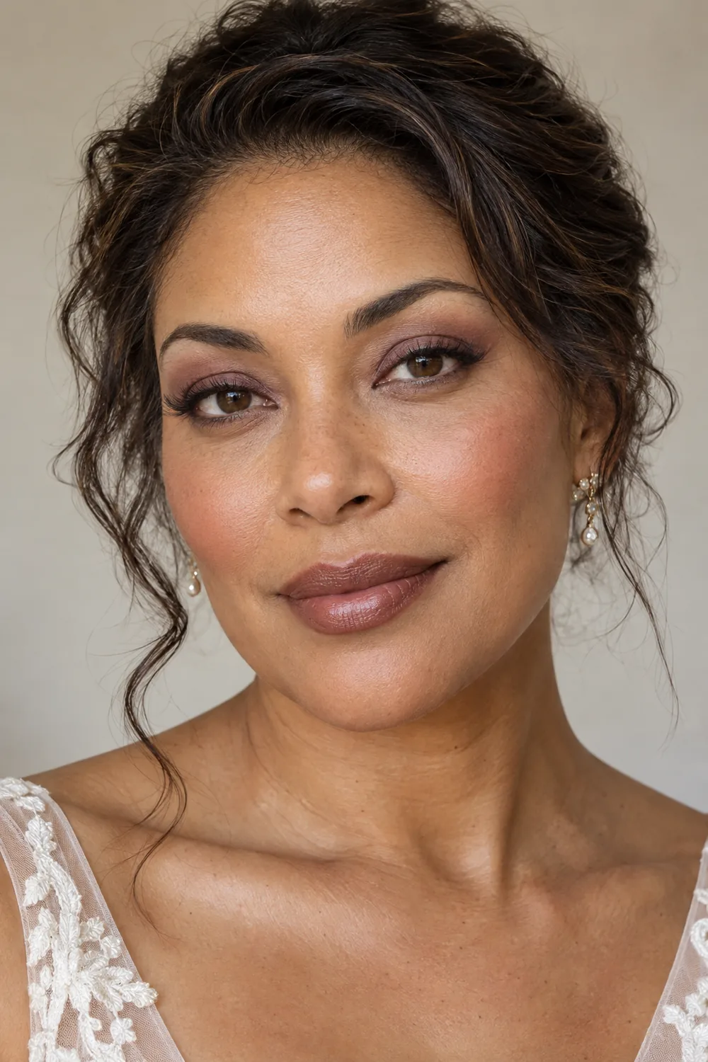 Adult woman in a white lace neckline with hazy mauve eye shadow, plum-brown upper liner, rounded rose-brown blush and a satin cocoa lip.