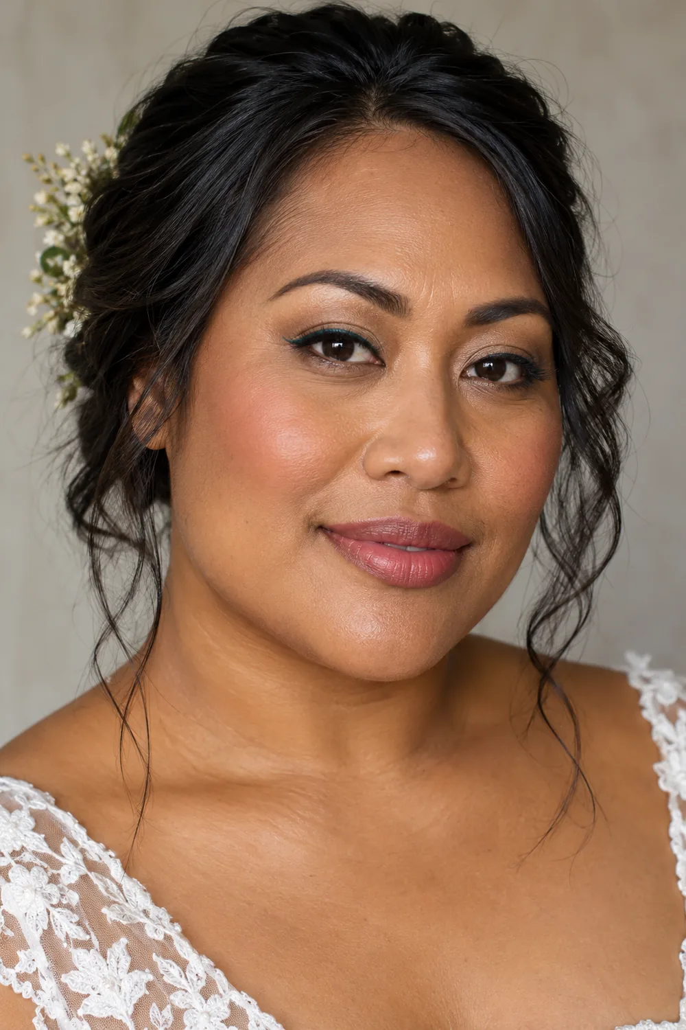 A fictional adult woman in a lace top, photographed head and shoulders with beige lid color, subtle teal liner along the outer upper lashes, soft rose blush, and rosewood satin lips.