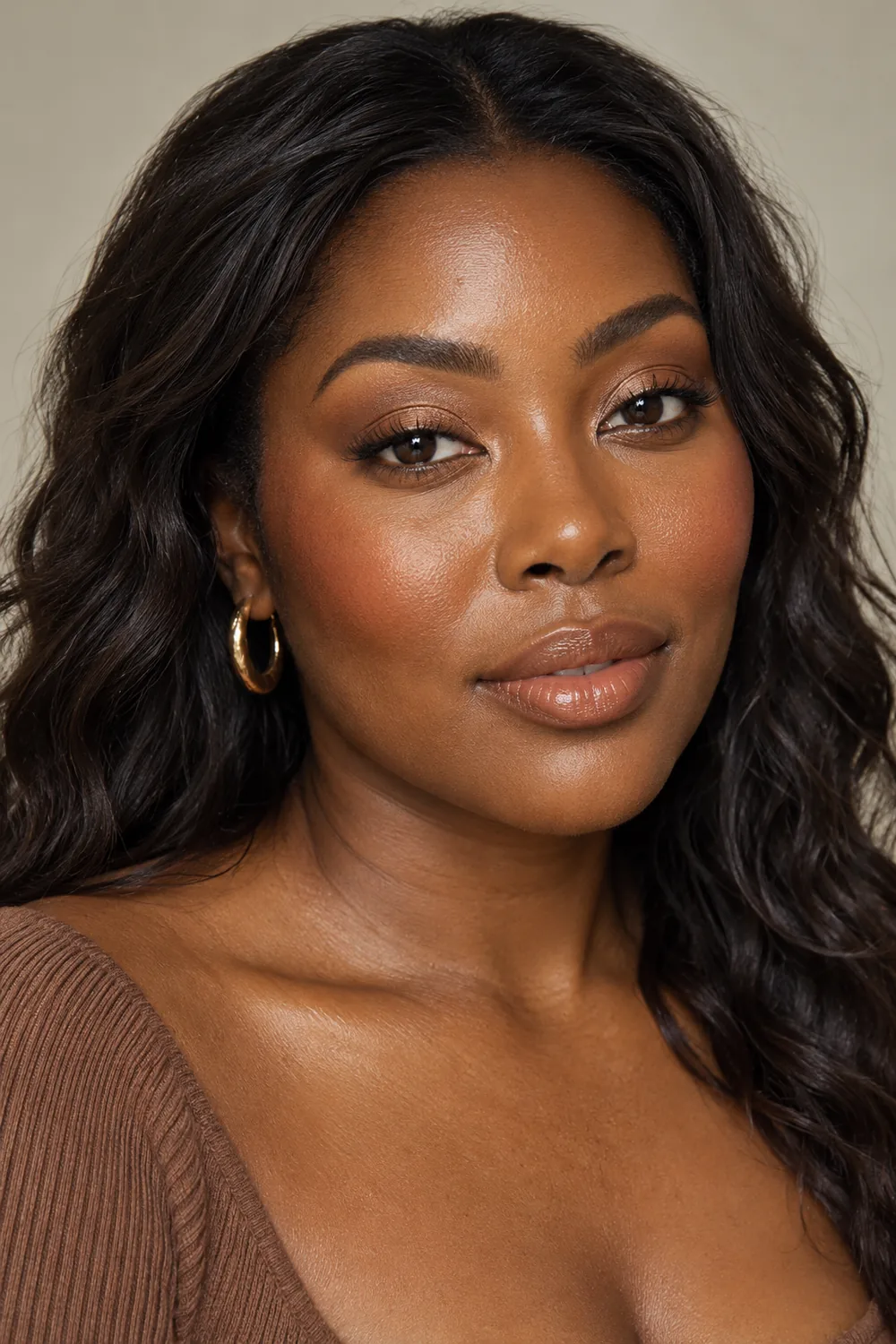 Adult woman with deep golden-brown skin wearing soft bronze eyeshadow, high terracotta blush, and a warm nude satin lip.