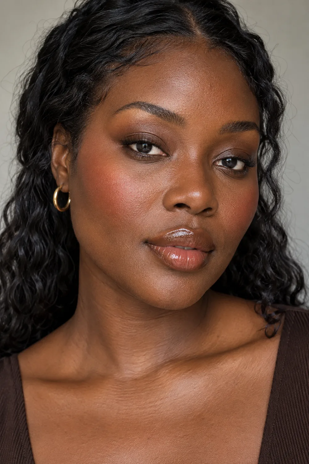 Adult woman with deep red-brown skin, cocoa lashline shadow, apricot blush, and glossy caramel balm, photographed against a neutral background.