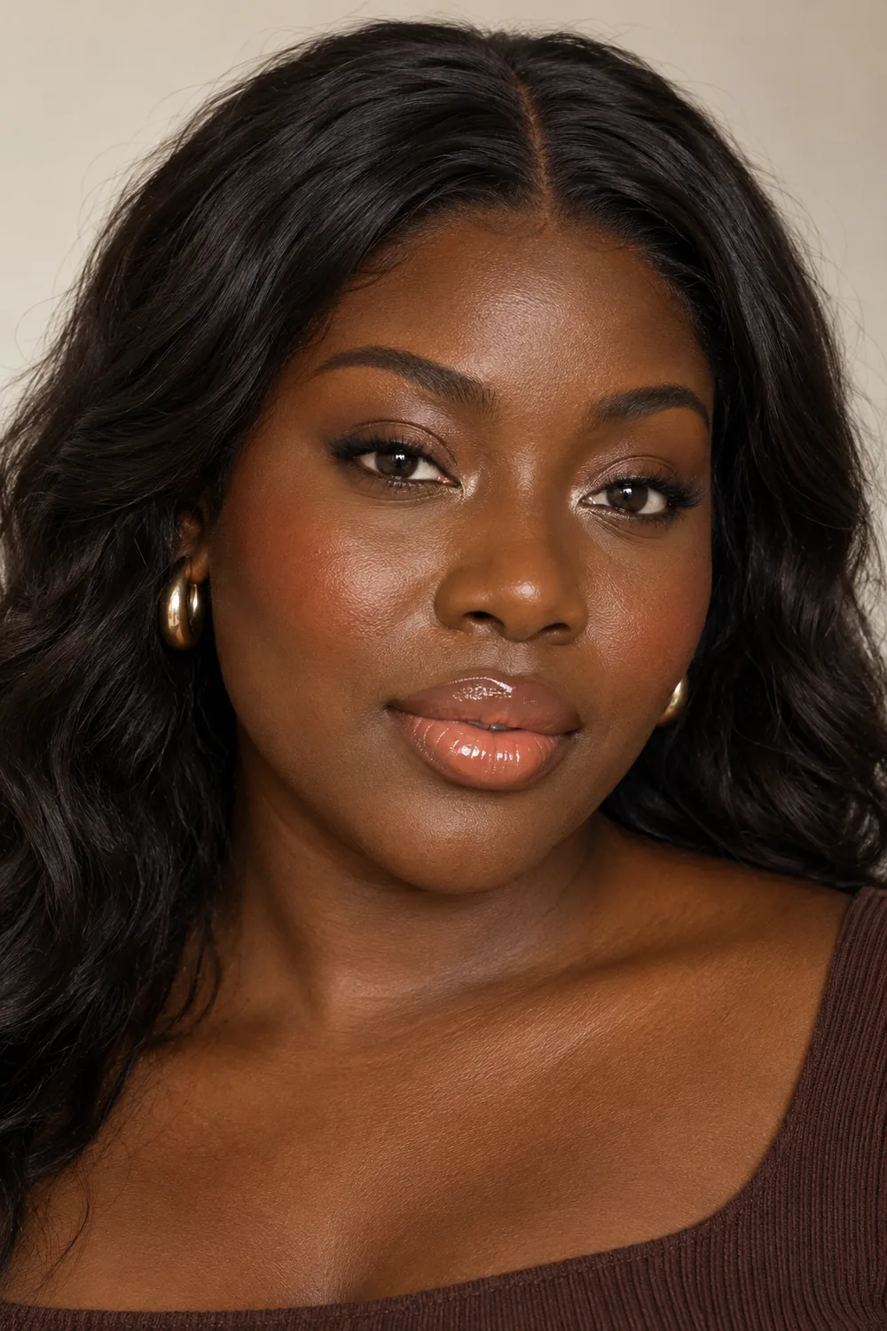 Adult woman with deep espresso skin, champagne inner-corner shimmer, soft brown outer-corner liner, cinnamon blush, and peachy nude gloss.