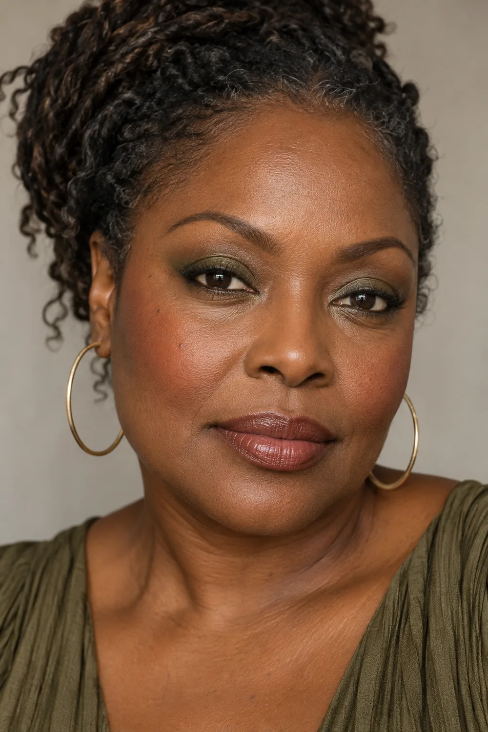 Adult woman with deep chestnut skin and visible natural texture wearing muted olive lashline shadow, softly blended brown liner, warm brick blush, and brown-rose lips.