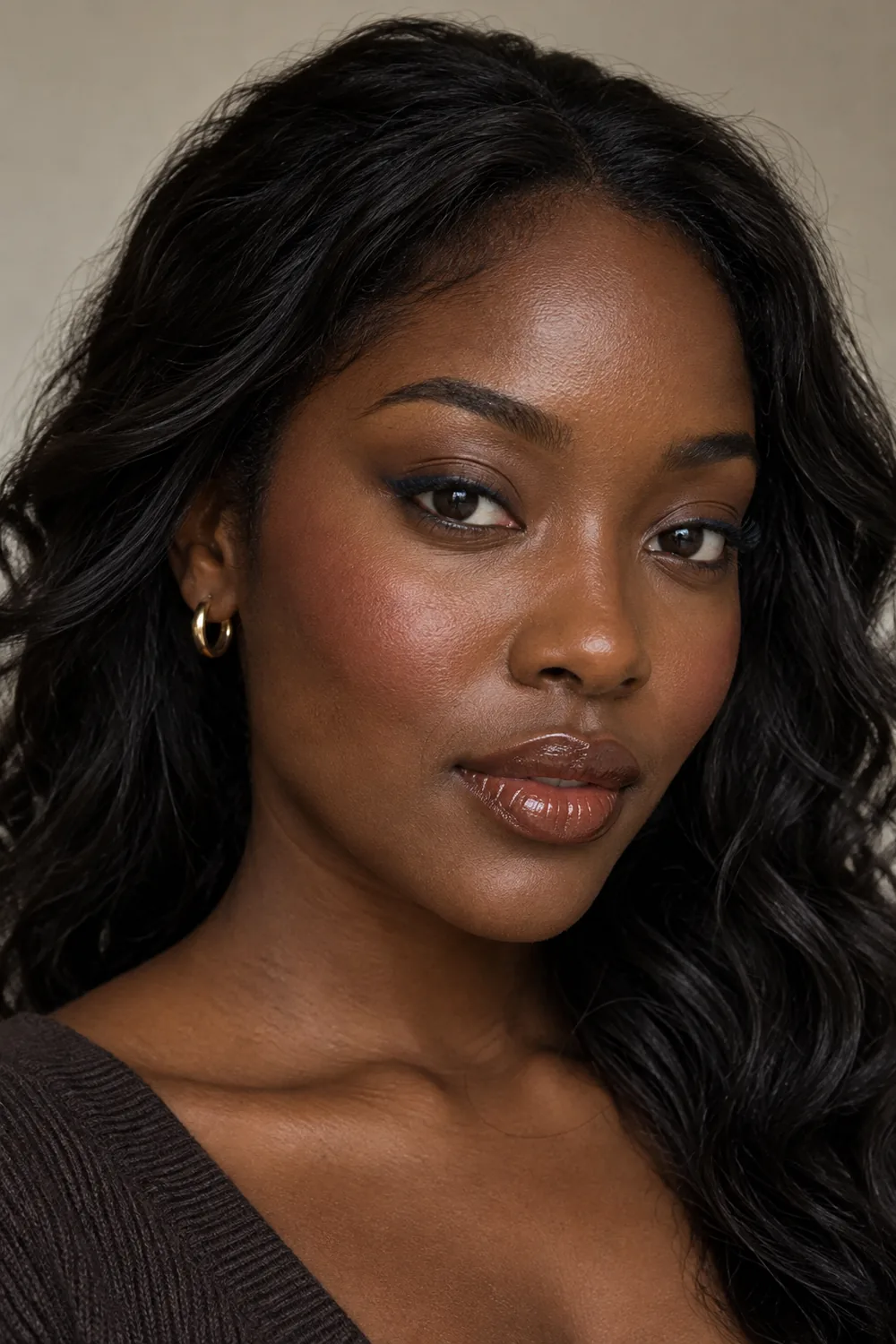 Close beauty portrait of a woman with deep skin, slate-blue upper lashline, dusty plum blush, and sheer cocoa gloss.