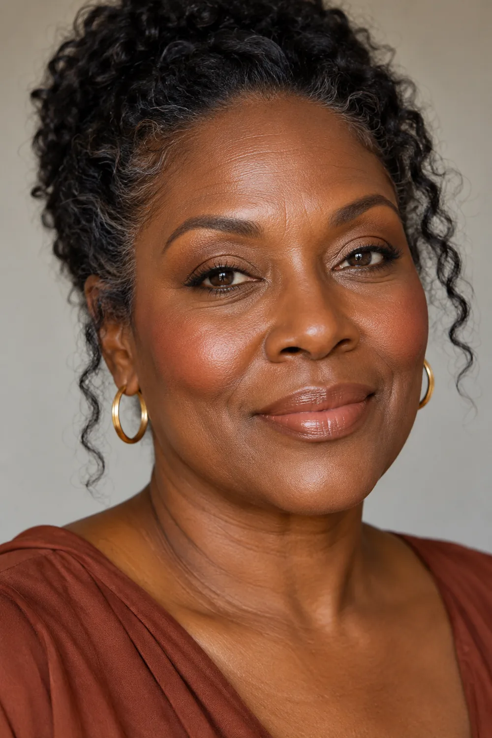 Mature woman with deep walnut skin wearing caramel eyeshadow, subtle brown lashline definition, coral blush, and peach-brown satin lipstick.