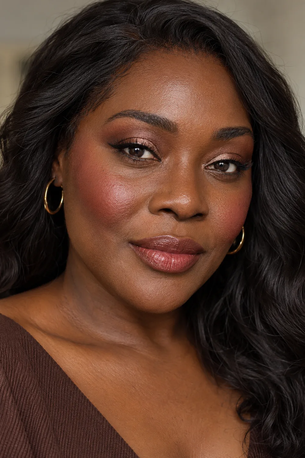Close beauty portrait of an adult woman with deep plum-brown skin, rose-gold lid shimmer, berry blush, and rosy-brown satin lipstick.