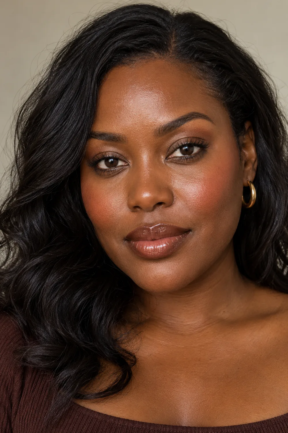 Adult woman with deep sienna skin and warm undertones, wearing subtle bronze-brown lower lash shading, peach-coral blush, and softly defined glossy lips.