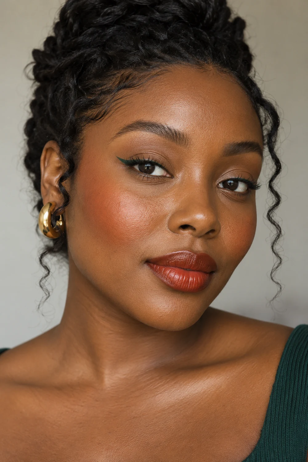 Adult woman with deep golden-neutral skin wearing a subtle brown lid wash, deep-green winged liner, burnt-orange blush, and brick-red lips.