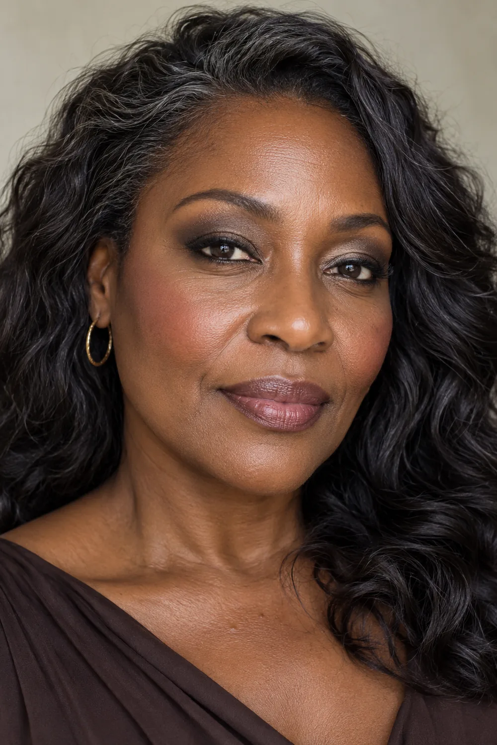 Adult woman with deep brown skin wearing diffused taupe smoky eye makeup, warm rose blush, and a muted nude-berry satin lip.