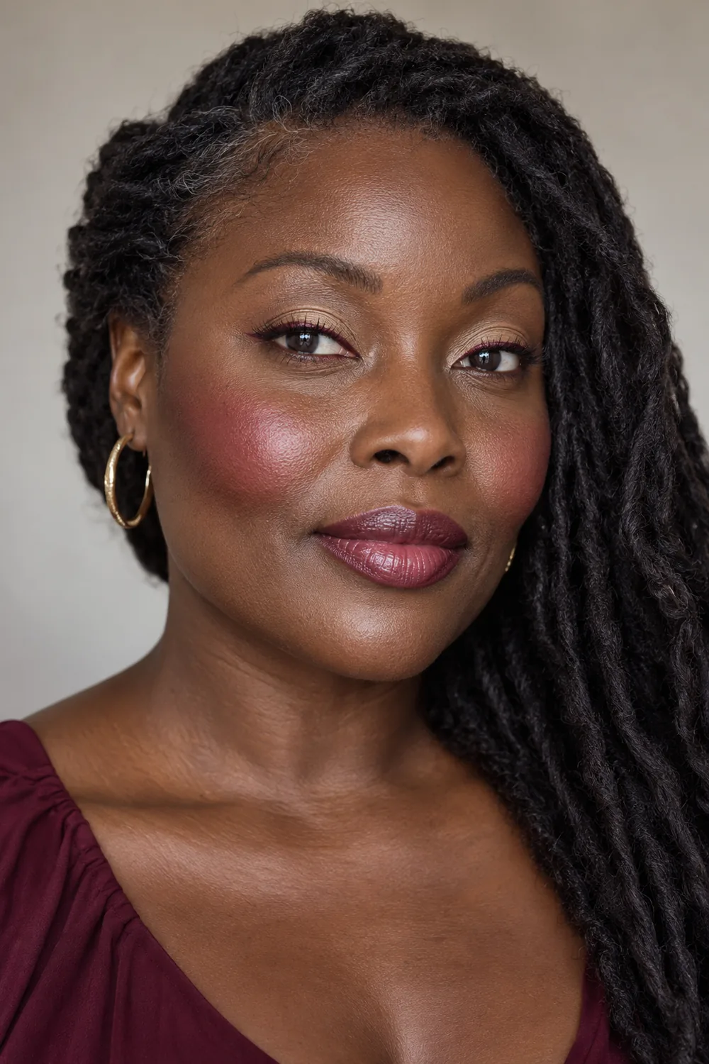 Adult woman with very deep mahogany skin wearing burgundy tightline, warm beige lid color, rounded berry blush, and sheer berry lips.