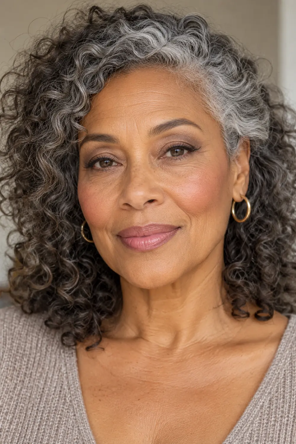 Fictional woman in her early 60s with warm medium-brown skin, salt-and-pepper curls, pale taupe eyeshadow, gently lifted brown liner, high rose blush, and a satin pink-nude lip.