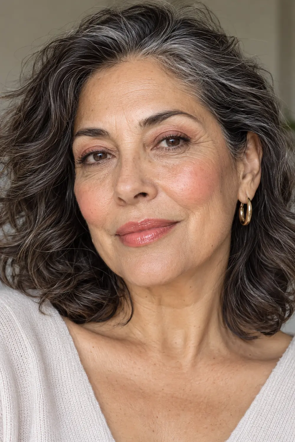 Fictional mature woman with light olive skin, silver-streaked wavy dark hair, muted rose eyeshadow, subtle brown lash-line definition, peach blush, and coral-pink gloss.