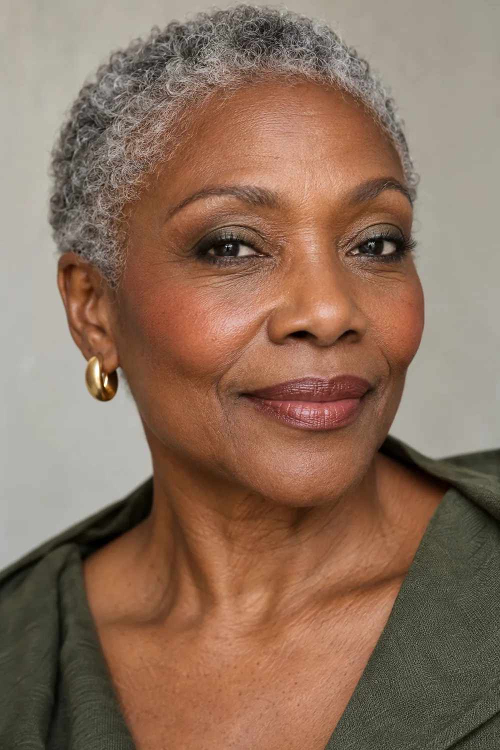 A fictional mature woman with deep brown skin and cropped gray curls wears muted olive eyeshadow, softly smudged charcoal-brown liner, terracotta blush, and rose-brown satin lipstick.