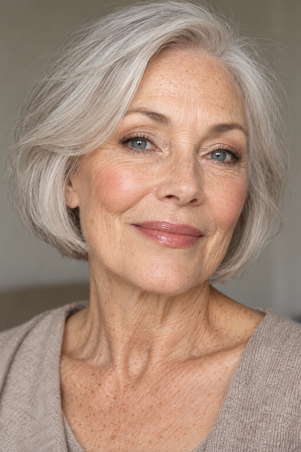 Fictional mature woman with fair freckled skin, blue-gray eyes, and a silver bob, wearing beige shadow with champagne inner-corner shimmer, fine brown liner, rosy beige blush, and light rose gloss.