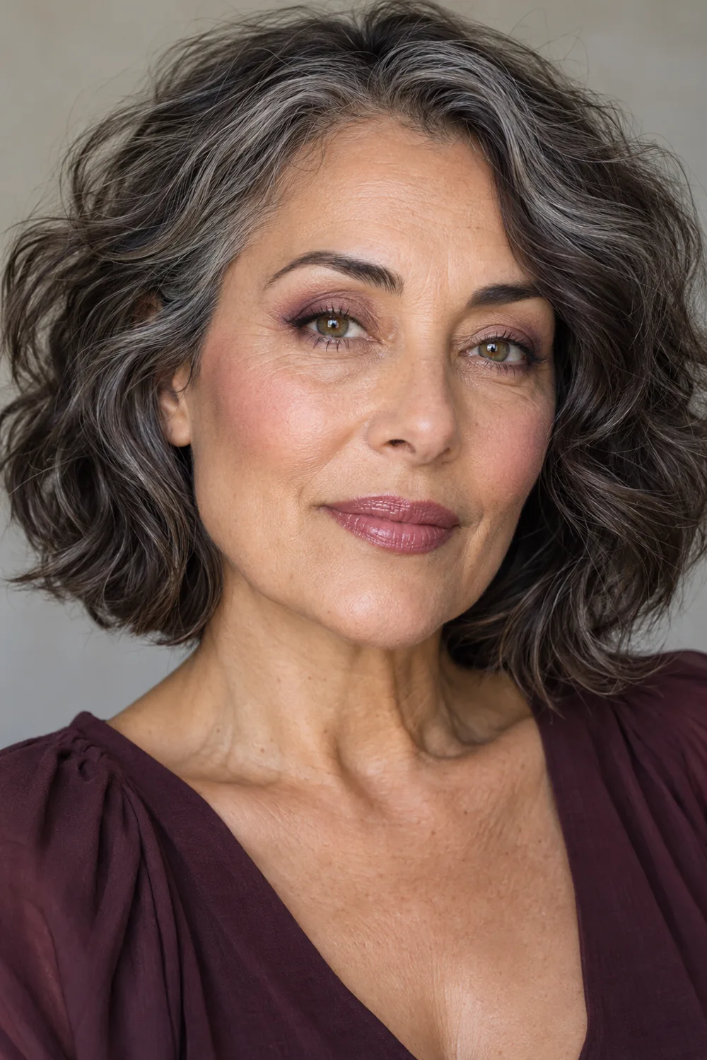 Fictional mature woman with medium neutral skin, hazel eyes, and a dark wavy gray-streaked bob, wearing muted plum outer-lid shadow, a short plum-brown wing, high cool pink blush, and sheer mauve satin lipstick.