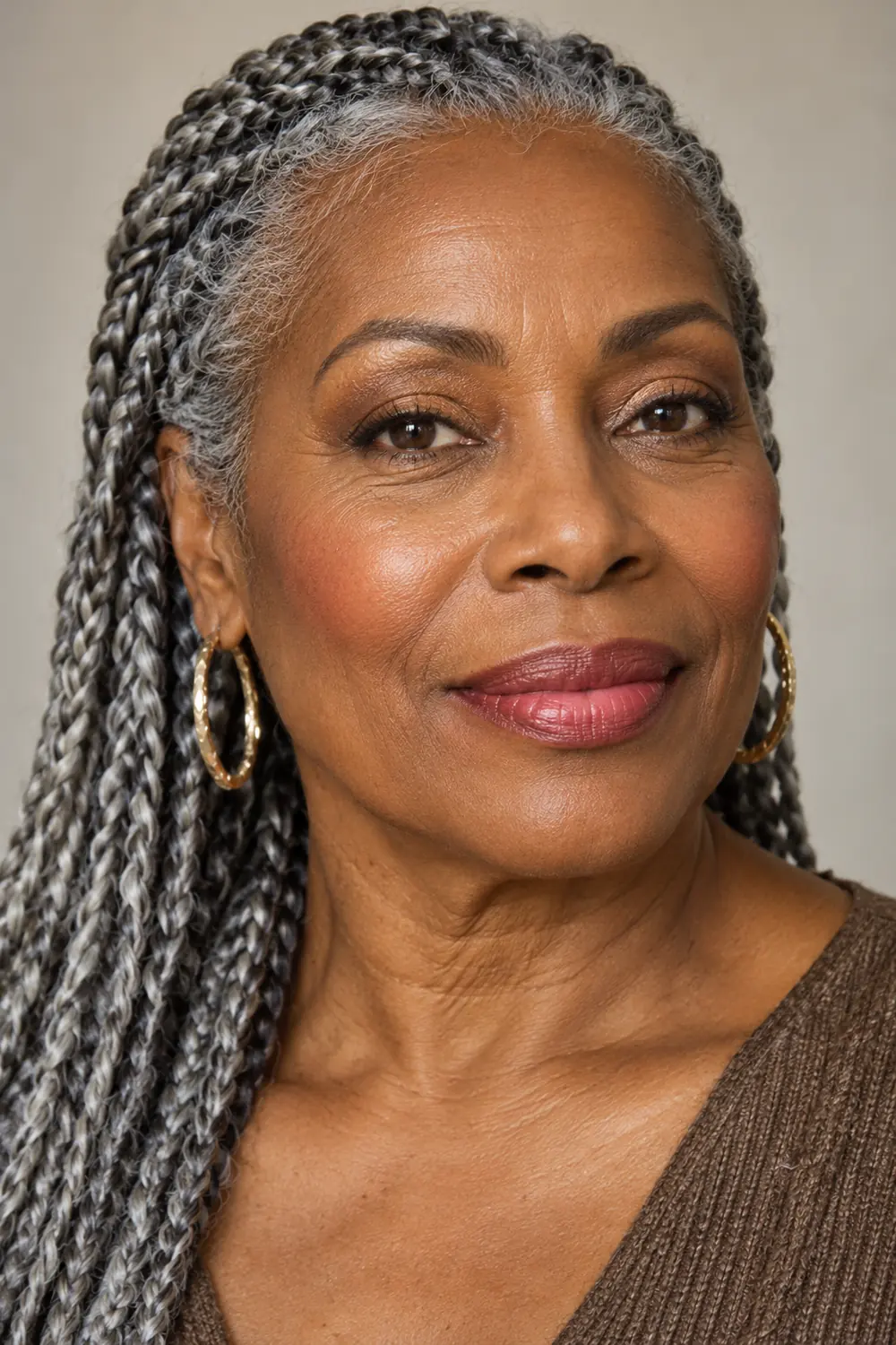 Mature woman with deep golden-brown skin and silver braids wearing bronze lid shadow, subtle brown lash definition, apricot blush, and satin rose lipstick.