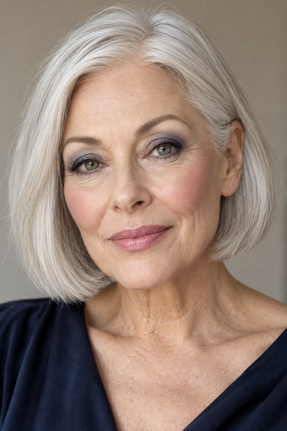 Mature woman with chin-length white hair and green eyes wearing blue-gray eye shadow, close charcoal lash-line definition, plum-rose blush, and pale pink satin lipstick.