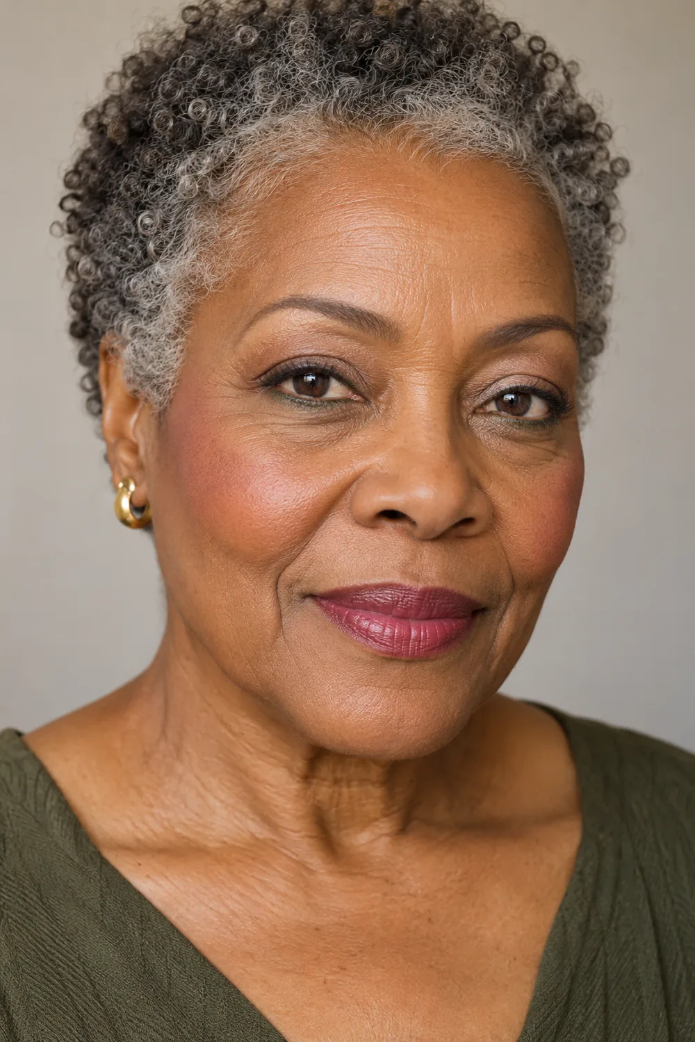Portrait of a mature woman with medium-deep skin and salt-and-pepper curls, wearing a neutral lid, subtle sage lower-lash shadow, pink blush, and berry lips.