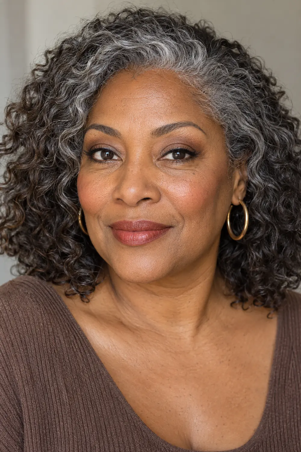 Fictional woman in her late 50s with rich medium-brown skin, silver-threaded natural curls, subtle cocoa eye shadow, brown liner, apricot blush, and muted brick-rose satin lipstick.