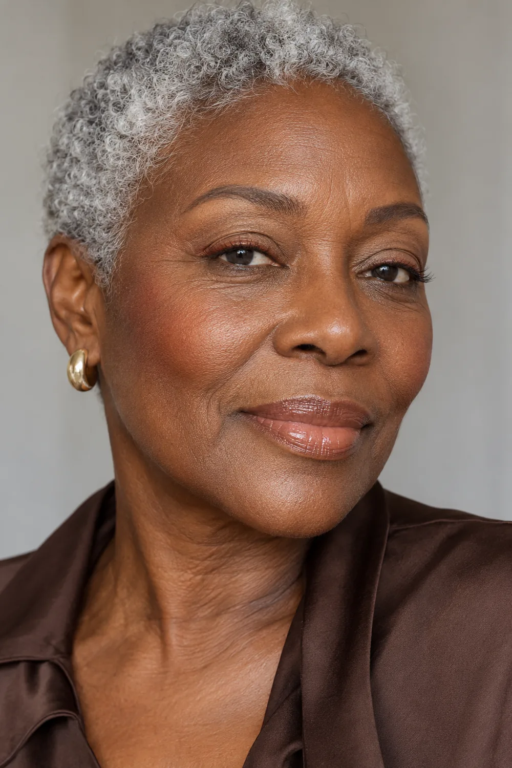 Fictional woman in her late 60s with deep ebony skin, cropped silver curls, subtle copper upper liner, soft cinnamon blush, and sheer warm nude gloss.