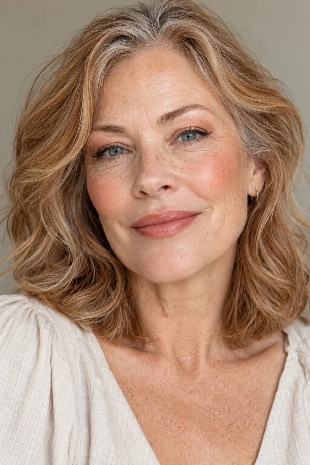 Close beauty portrait of a fictional mature woman with fair freckled skin, strawberry-blonde hair with gray strands, peach lid shadow, brown crease and liner, coral blush, and peachy rose lipstick.