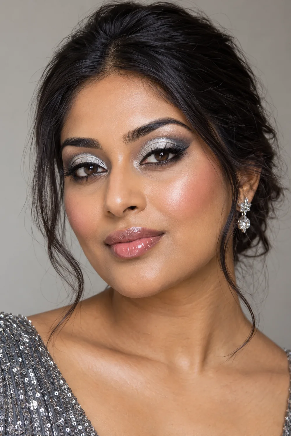 Fictional adult South Asian woman wearing pale silver cut-crease shadow, charcoal outer-corner shading, a fine black wing, rose blush, and glossy pink lips.