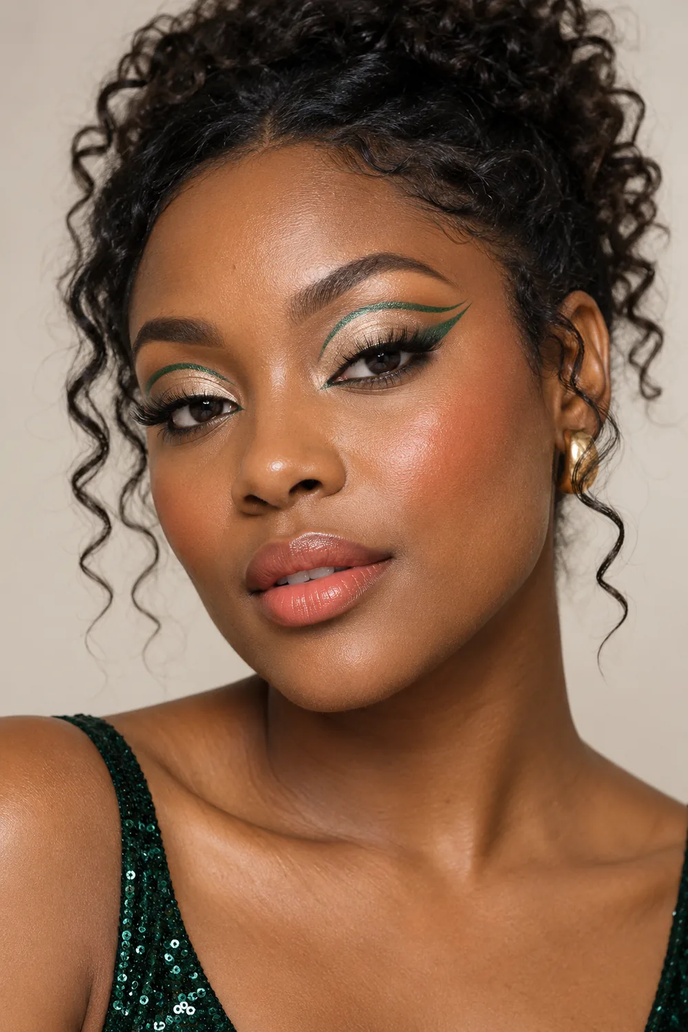 Fictional adult Black woman in a close beauty portrait wearing emerald floating liner, champagne shimmer eyeshadow, peach blush, and muted coral satin lipstick.