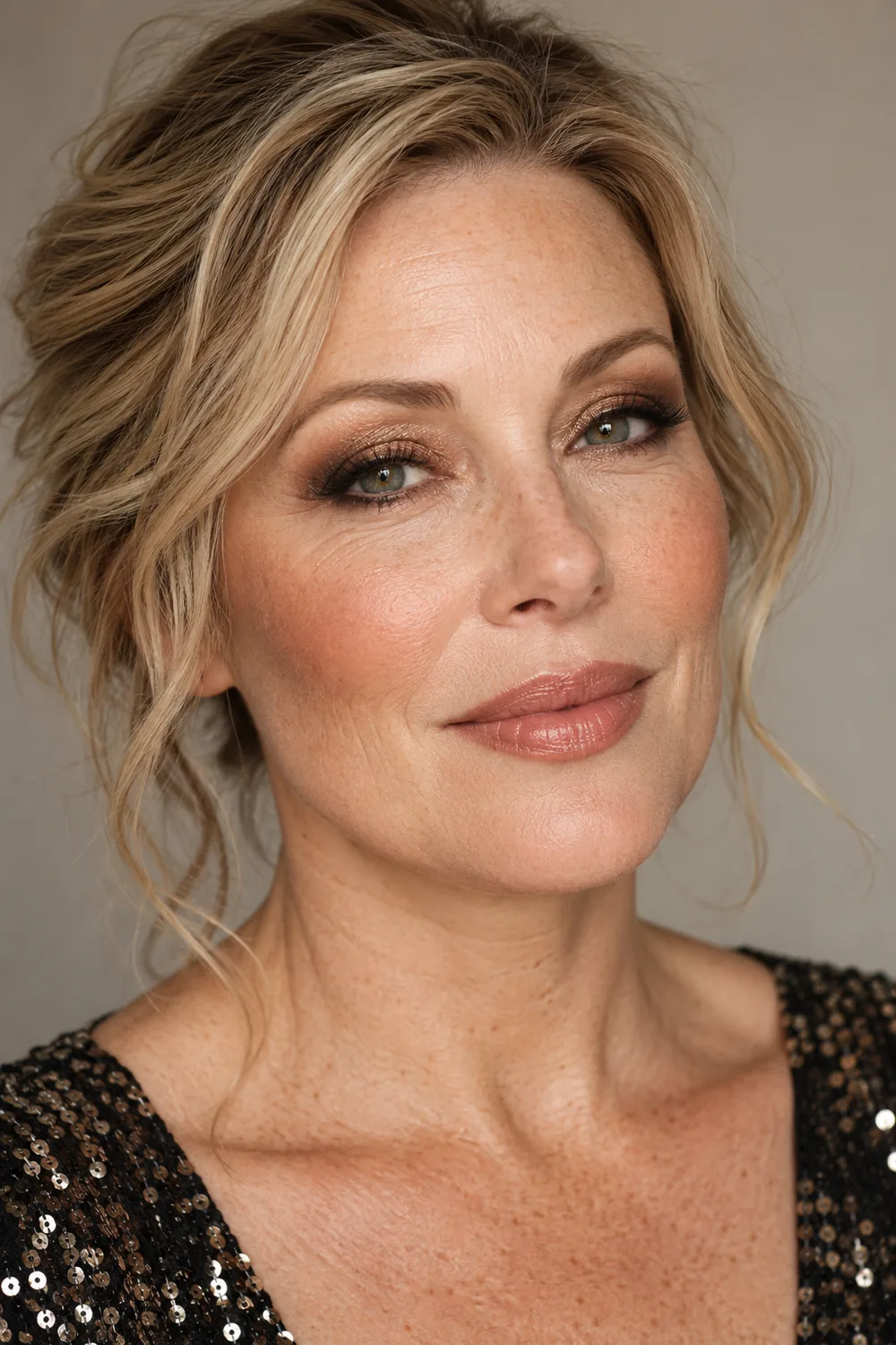 Close head-and-shoulders portrait of a freckled adult woman wearing bronze shimmer eyeshadow, espresso smoky edges, terracotta blush, and beige-rose satin lipstick.