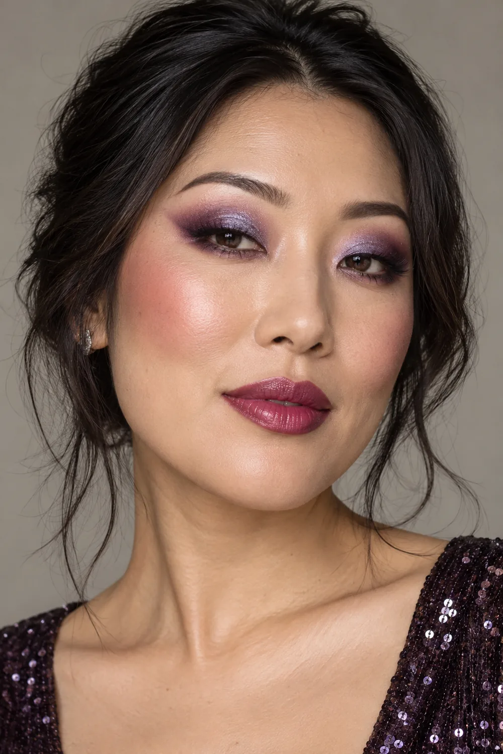 Fictional adult East Asian woman in a vertical beauty portrait, wearing violet halo eye makeup with lilac shimmer, plum liner, berry blush, and satin berry lipstick.