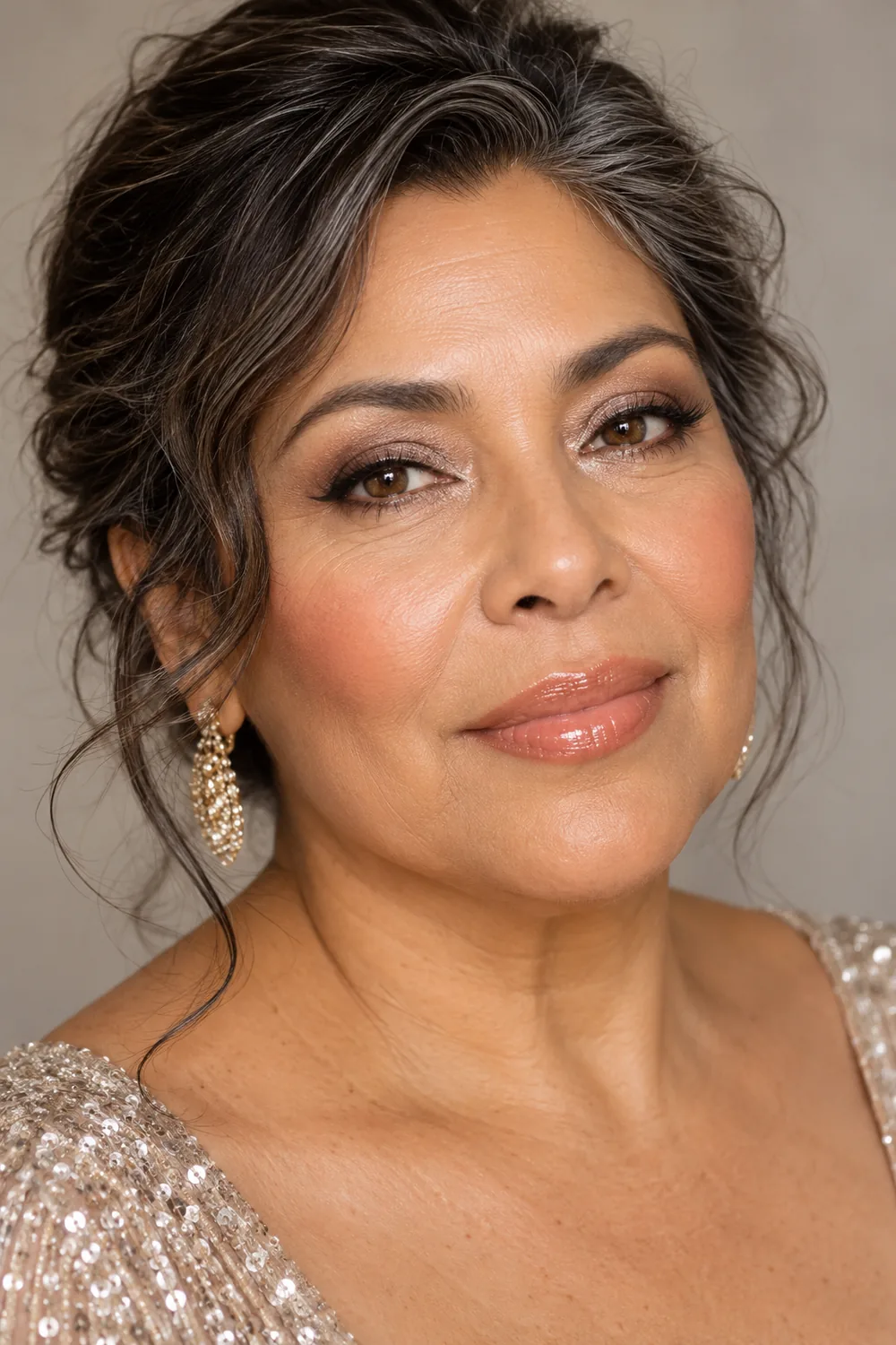 Fictional adult woman with medium olive skin, taupe eye shading, champagne inner-corner shimmer, a fine brown kitten flick, peach blush, and glossy peach lips.