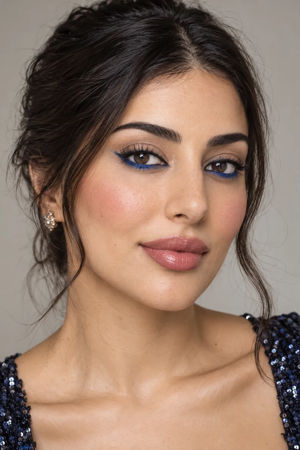 A fictional adult Middle Eastern woman with light olive skin, cobalt blue lower-lash liner, matte sand shadow, dusty rose blush, and medium rose glossy-satin lips.