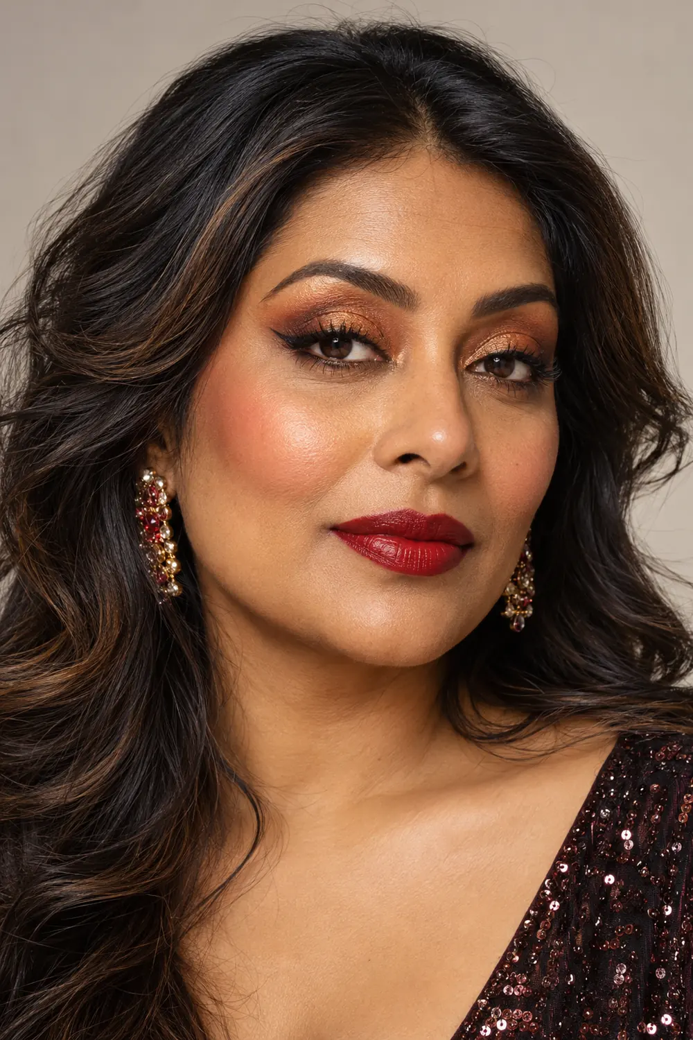 A fictional adult South Asian woman with copper lid shimmer, upward black liner, apricot blush, and deep red lipstick, photographed against a neutral studio background.