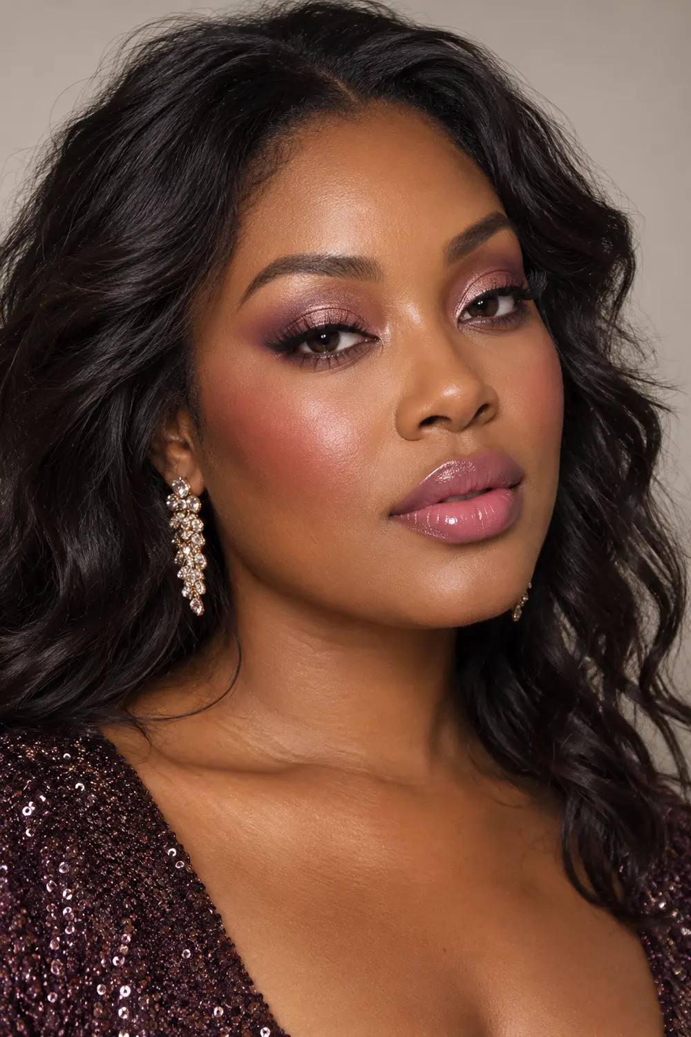 Fictional adult Black woman in a close beauty portrait wearing rose-gold shimmer shadow, smudged plum liner, mauve blush, and cool pink gloss.