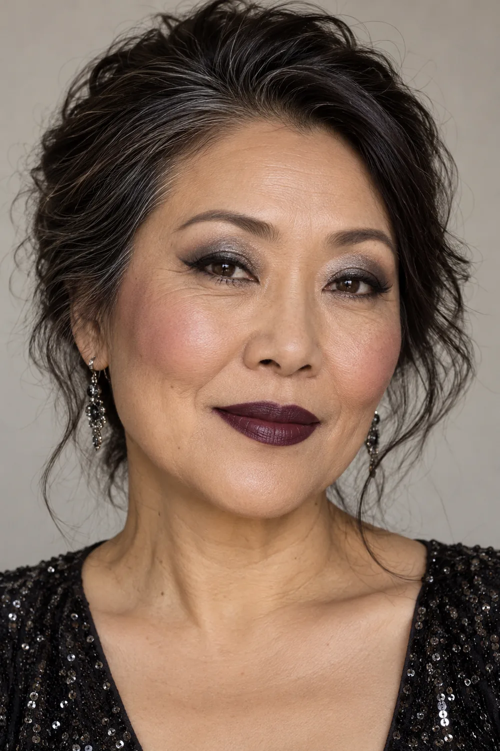 Portrait of a fictional mature East Asian woman wearing gunmetal shimmer blended into charcoal smoky eyes with short black wings, cool mauve blush, and deep plum matte lipstick.