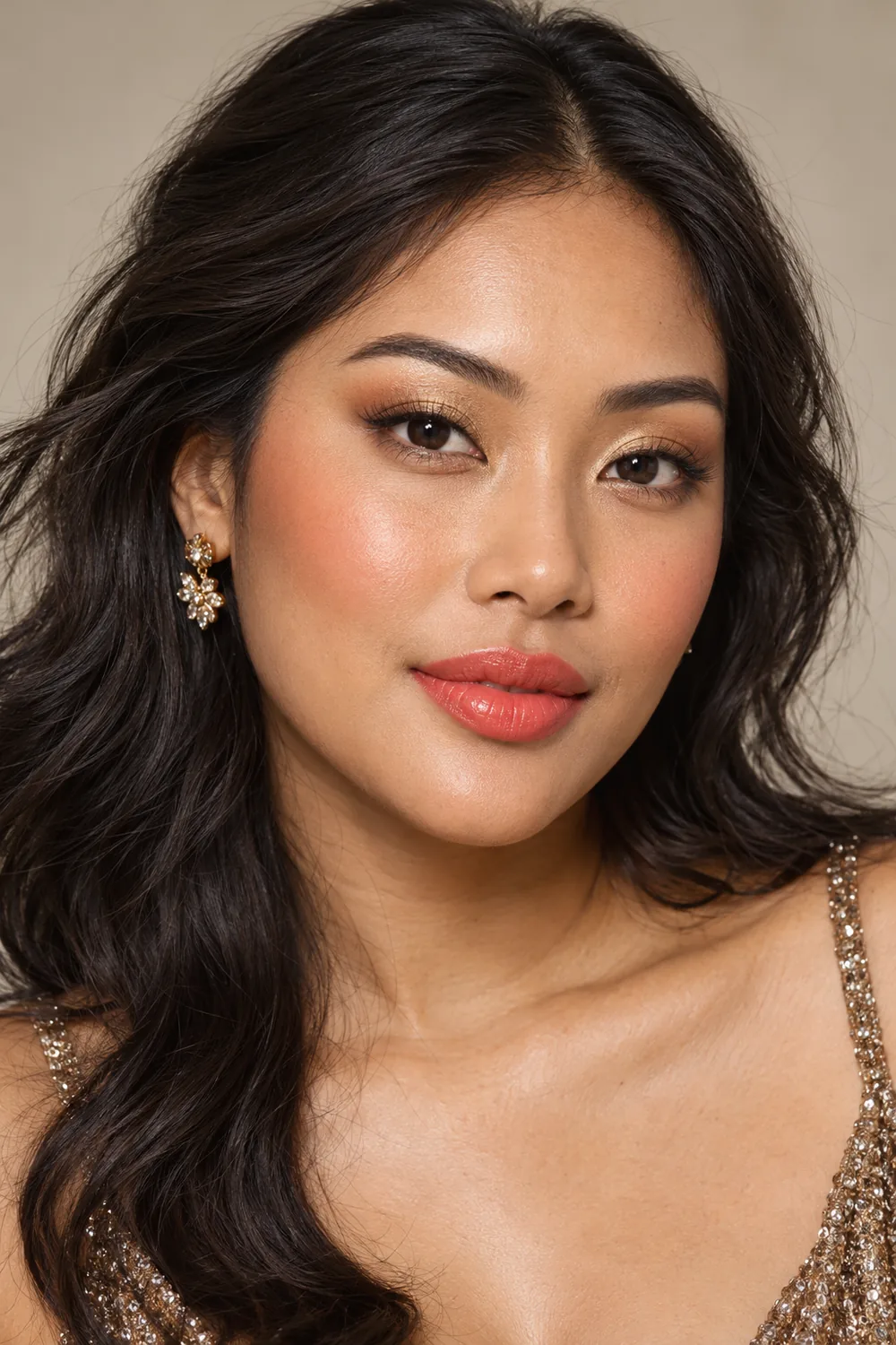 Fictional adult Southeast Asian woman with soft gold inner-lid shimmer, warm brown crease shadow and lash liner, coral blush, and bright coral satin lipstick.