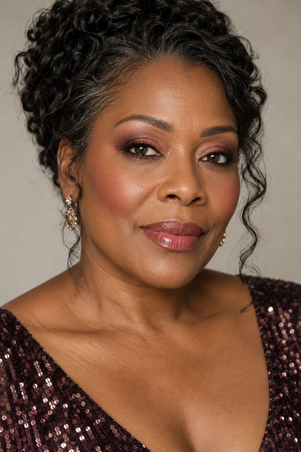 Adult Black woman with burgundy smudged liner, beige lids, muted rose blush, and glossy rose balm, wearing a dark sequined top.