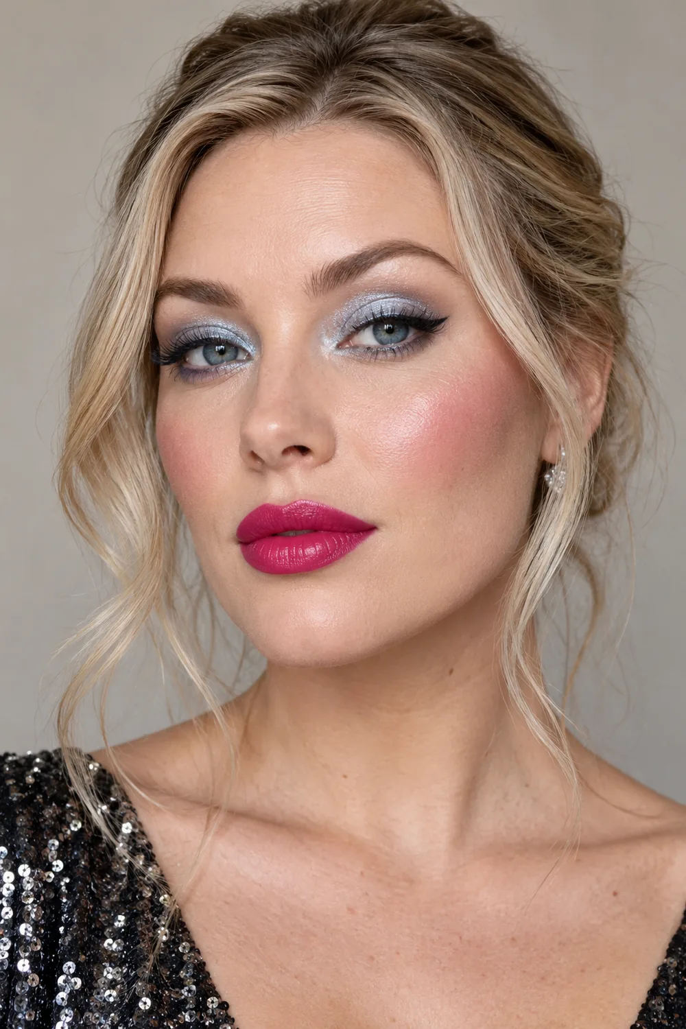 Close vertical beauty portrait of an adult woman wearing icy blue shimmer eyeshadow, black outer-corner wings, cool pink blush, and vivid fuchsia satin lipstick.