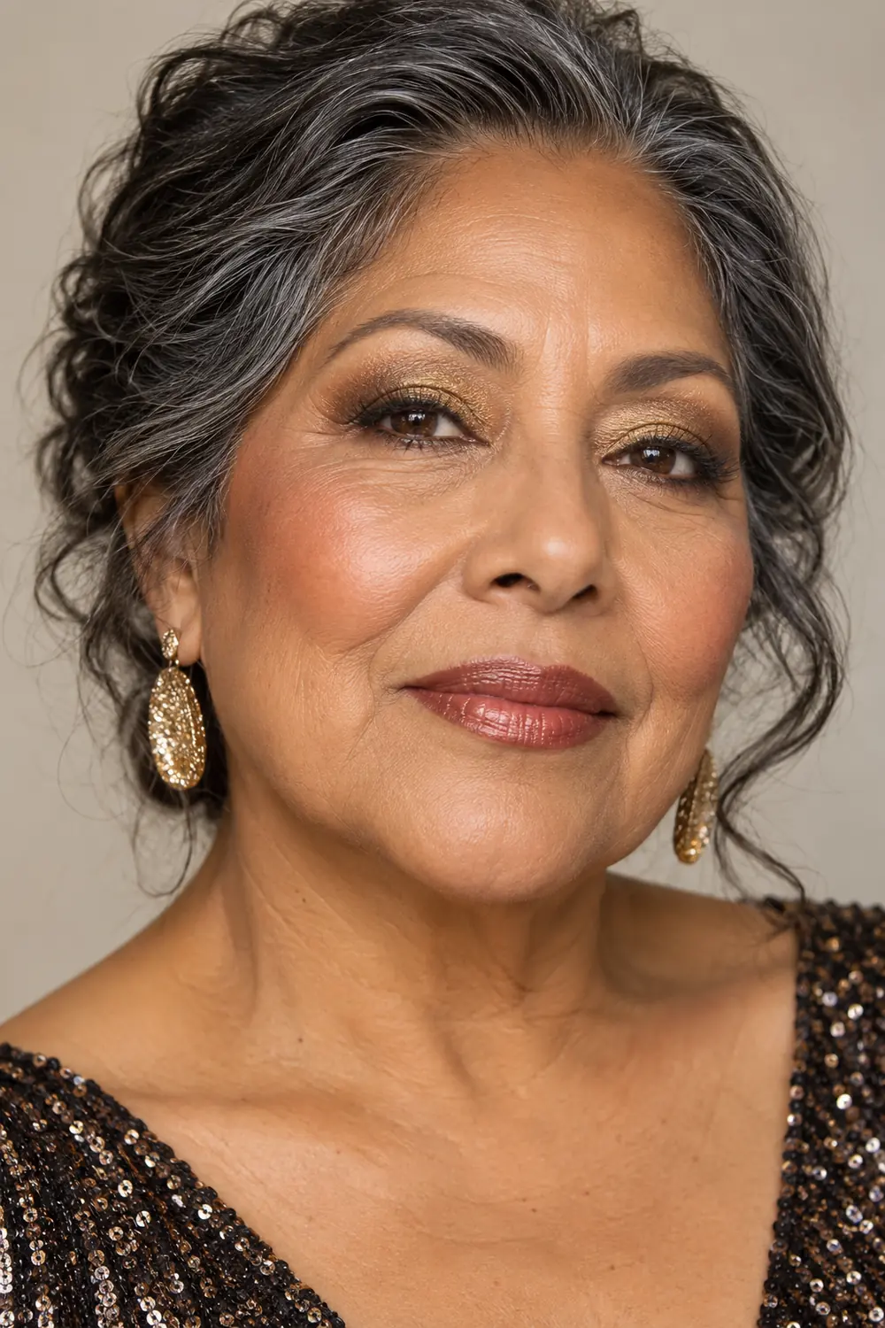 Portrait of an adult woman with antique gold eye shadow, softly curved brown liner, cinnamon blush, and brown-rose satin lipstick.