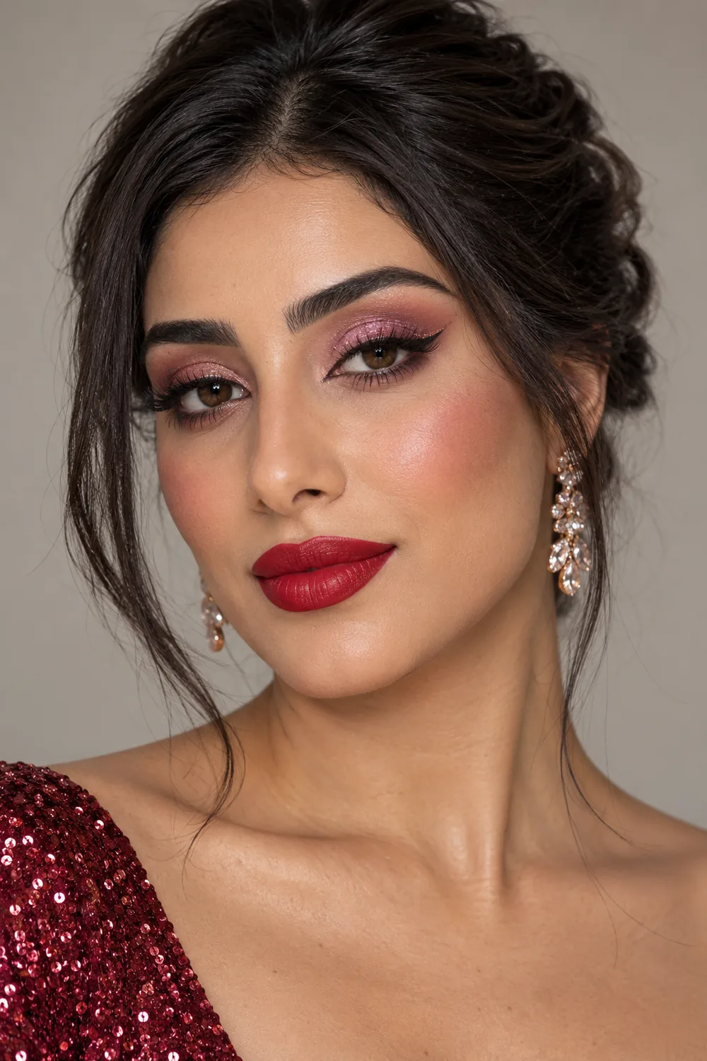 A fictional adult woman in a close beauty portrait with pink glitter at the center of mauve and rose eyeshadow, rose-gold winged liner, high rosy blush, and a classic red satin lip.