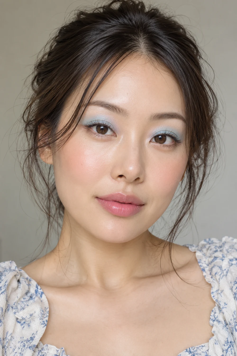 Adult East Asian woman with brown eyes wearing sheer powder-blue eyeshadow, subtle brown lash definition, peach blush, and sheer pink balm.