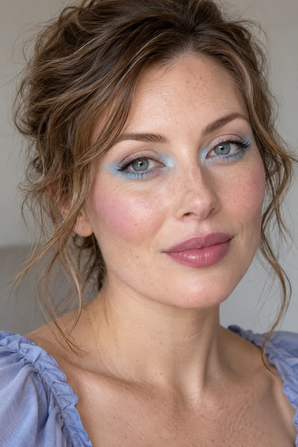 Freckled woman with gray-blue eyes wearing baby-blue shadow beneath her lower lashes and at the lid corners, brown liner, lavender blush, and rose lipstick.