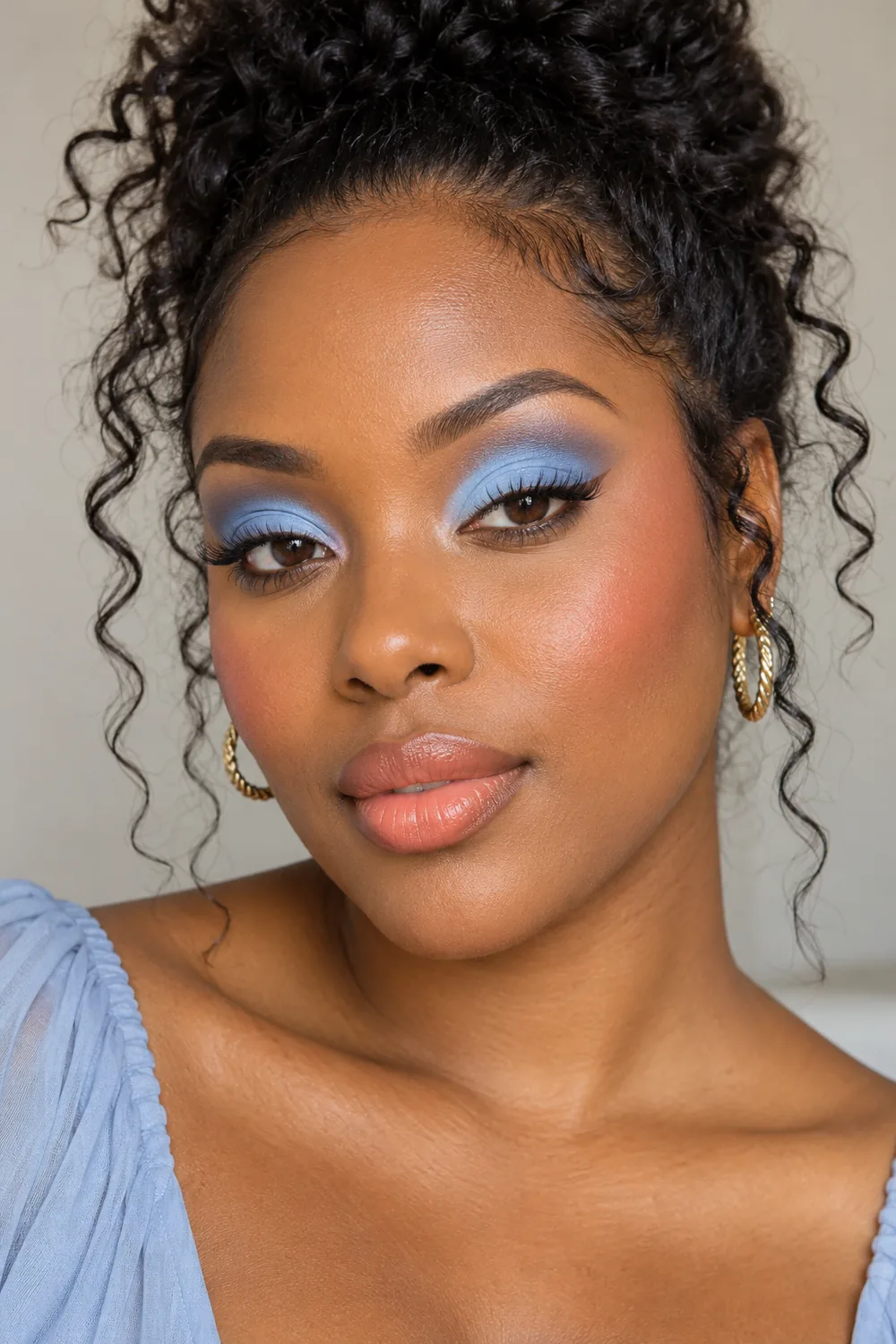 Adult woman with pastel blue eyeshadow across the lids, blended periwinkle creases, a small brown liner flick, coral blush, and peach satin lipstick.