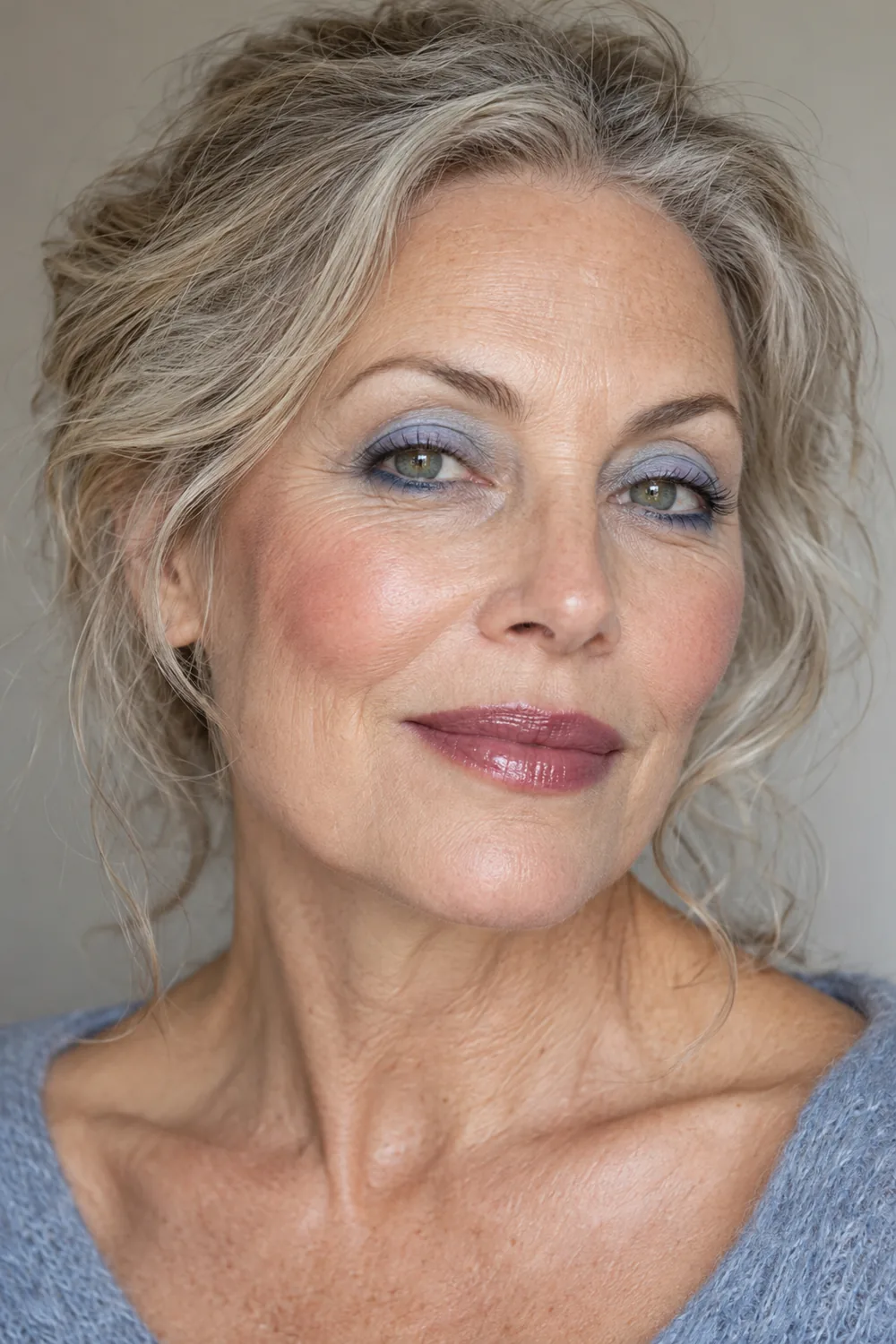 Mature woman with pastel blue lids, denim blue lower-lash shadow, warm pink blush, and sheer plum gloss.