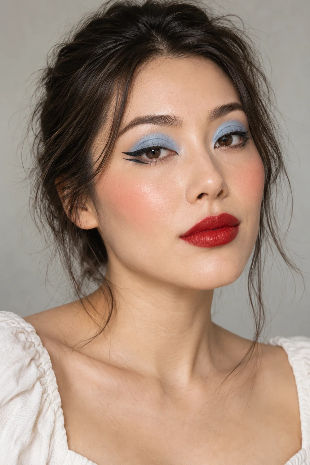 Adult woman with brown eyes, matte powder-blue eyeshadow, separated double black wings, apricot blush, and rich red satin lipstick.