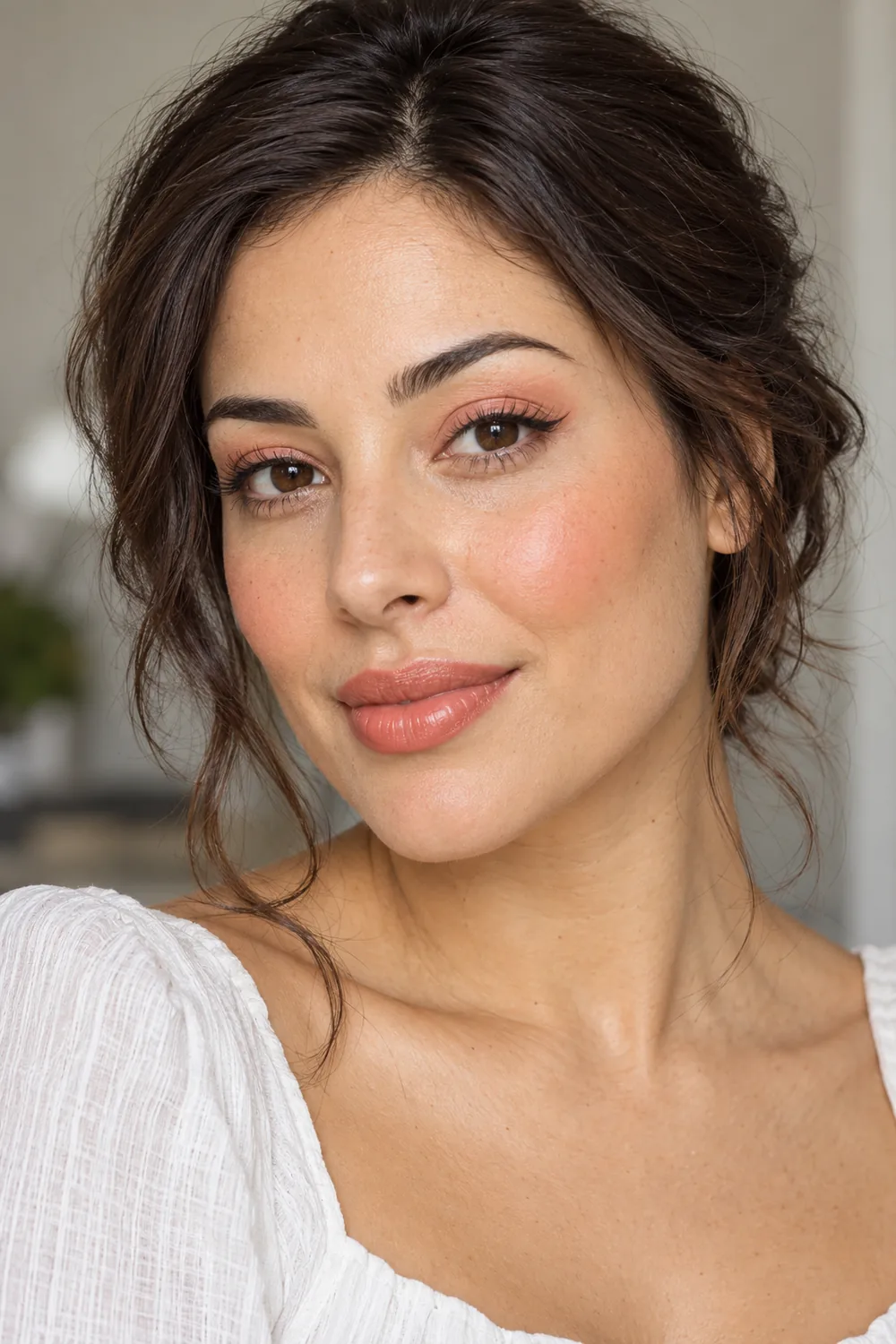 Photorealistic head-and-shoulders portrait of an adult woman with a sheer peach lid wash, fine brown winged liner, peach blush, and satin peach-rose lips.