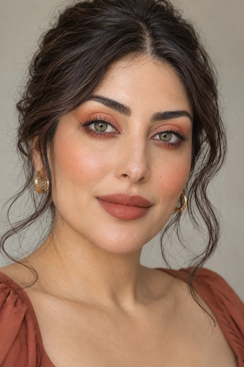 Close portrait of an adult woman with matte peach eye shadow, smudged rust lower lash line, warm peach blush, and blurred brick-peach lips.