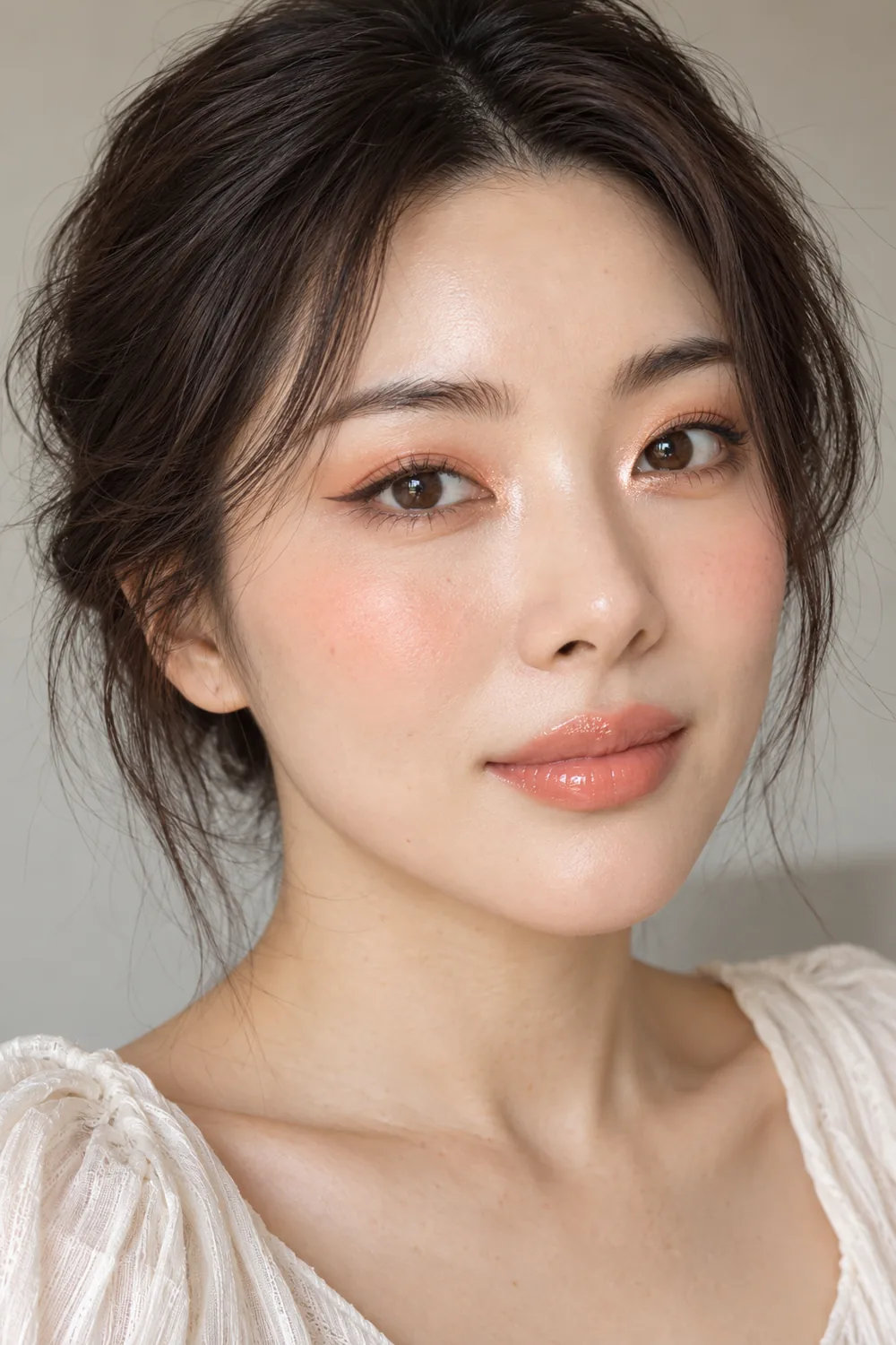 A fictional adult East Asian woman with matte peach eyeshadow, bright pearlescent inner-corner highlights, fine downturned charcoal-brown liner, soft peach blush, and glossy peach-tinted lips.