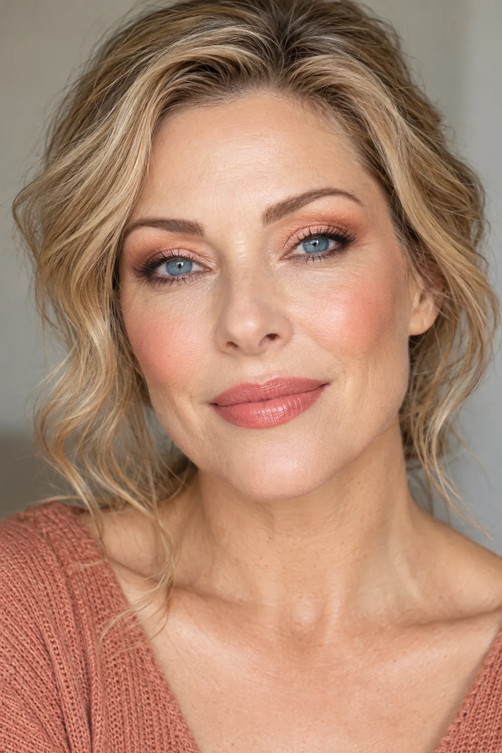 Photorealistic head-and-shoulders portrait of an adult woman with blue eyes, cinnamon-peach shadow framing a shimmering peach lid center, softly smudged brown liner, peach cheek blush, and rose-peach lips.