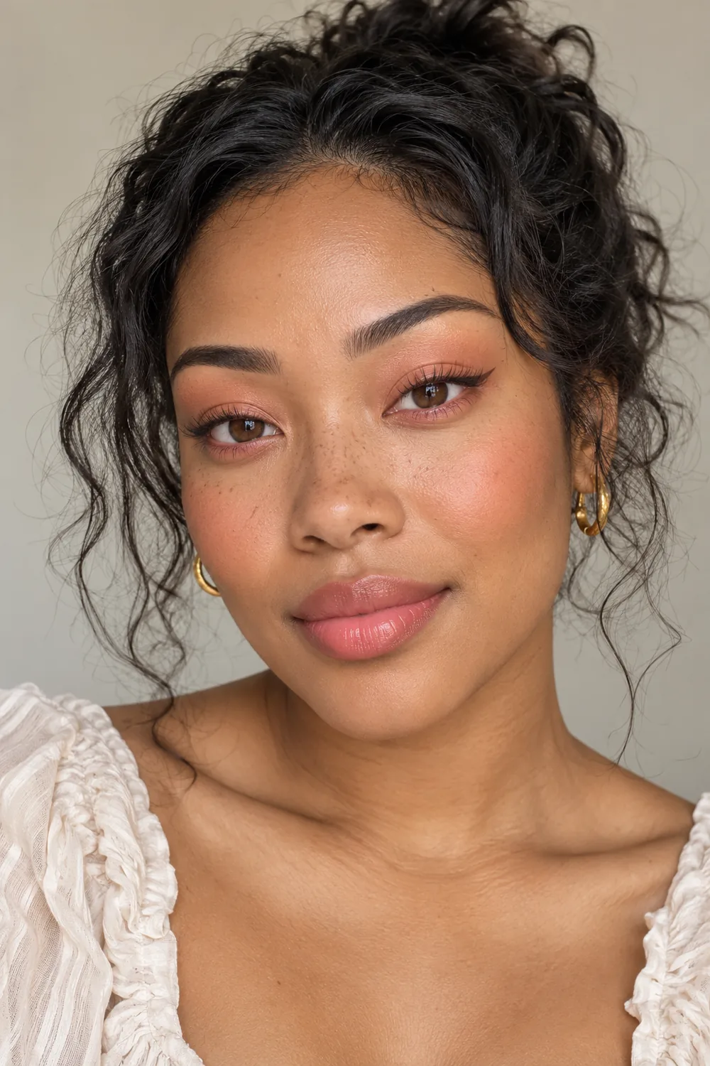 Close portrait of an adult woman wearing rounded peach eye shadow, a small brown liner flick, peach apple blush, and pink-peach lips.
